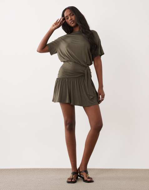 ASOS DESIGN - Robe courte avec ourlet à basque et liens à nouer - Kaki - view 1
