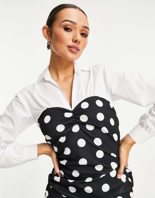 ASOS DESIGN Robe courte bandeau 2 en 1 pois noirs et blancs avec chemise blanche