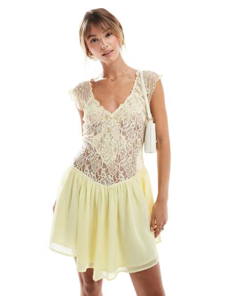 ASOS DESIGN - Robe courte bimatière avec dentelle - Jaune citron - view 1