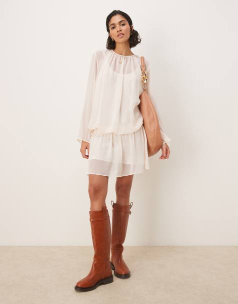 ASOS DESIGN - Robe courte blousante style bohème en mousseline - Crème - view 1