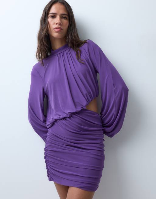 ASOS DESIGN robe courte blouson en tulle avec col montant et découpes violet électrique, 2 de 4