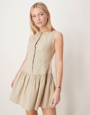 Robe courte boutonnée à encolure bateau et taille basse - Mastic-Multicolore 46