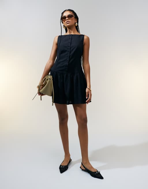 ASOS DESIGN slash neck button down dropped waist mini dress in black