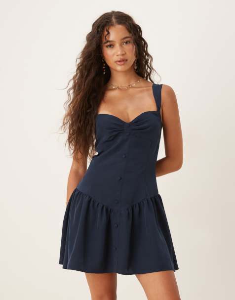 ASOS DESIGN - Robe courte boutonnée à enfiler en satin - Bleu marine - view 1