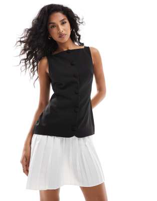 ASOS DESIGN - Robe courte boutonnée à jupe plissée - Noir et blanc