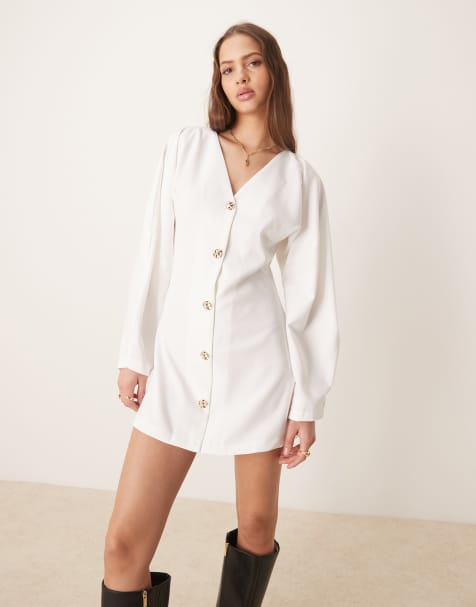 ASOS DESIGN - Robe courte boutonnée à manches larges et col V - Crème - view 1