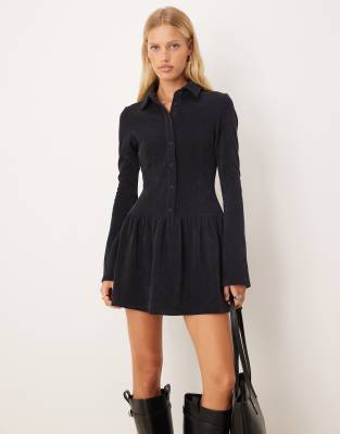 Robe courte boutonnée à taille tombante en velours côtelé - Bleu marine 46