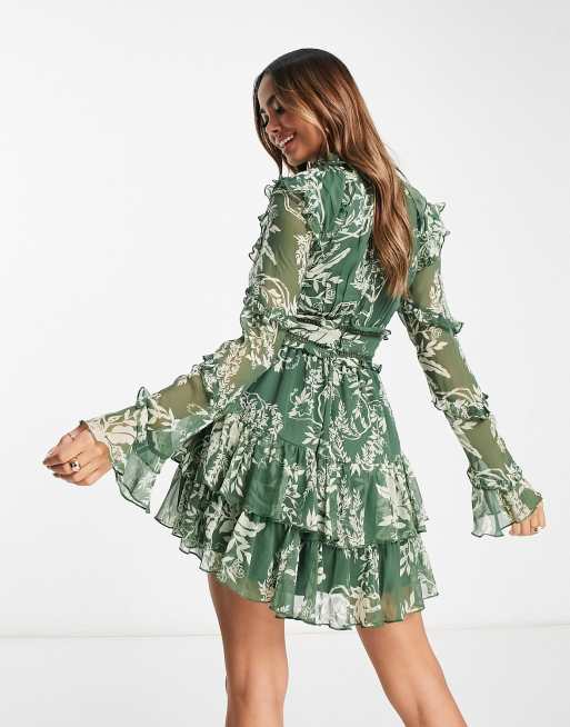 ASOS DESIGN - Robe courte boutonnée à volants et imprimé toile de Jouy - Vert, 4 de 4