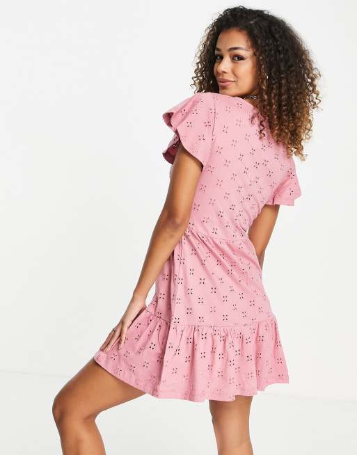 ASOS DESIGN - Robe courte boutonnée en broderie anglaise à col V et ourlet à basque - Rose, 2 de 4