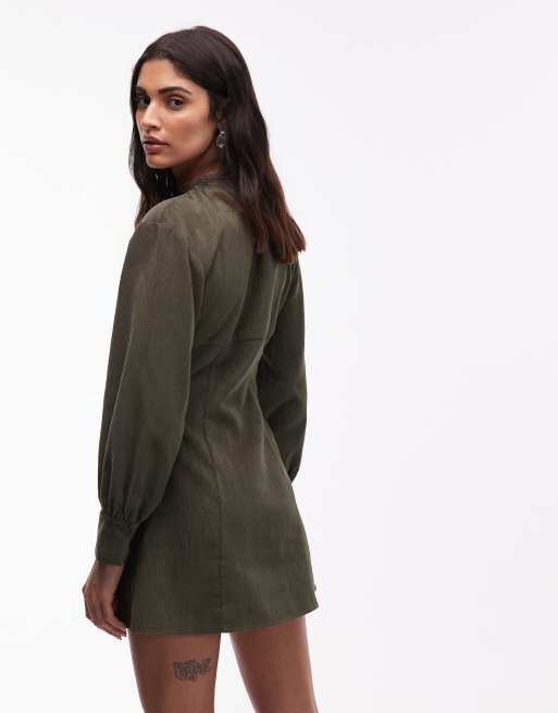 ASOS DESIGN - Robe courte boutonnée en velours côtelé à encolure ronde et taille cintrée - Olive, 3 de 4