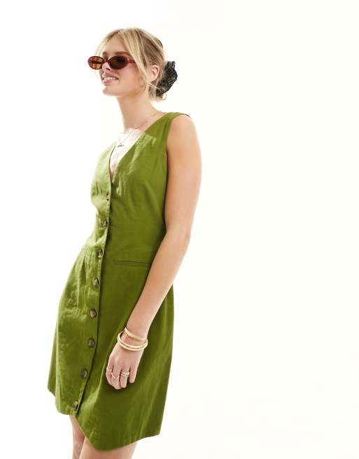 ASOS DESIGN - Robe courte boutonnée style gilet de costume en lin - Kaki