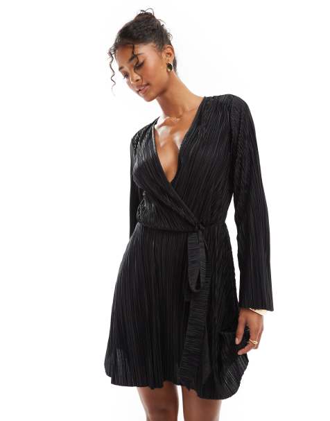 ASOS DESIGN - Robe courte cache-cœur nouée devant et plissée à manches larges - Noir - view 1