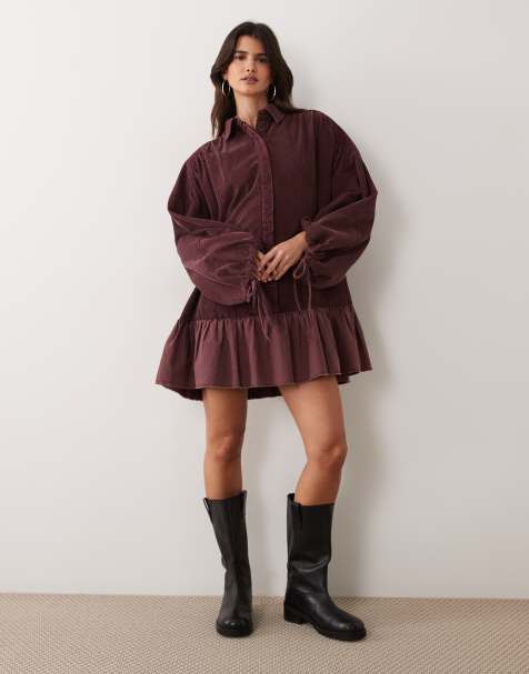 ASOS DESIGN robe courte chemise hybride en velours côtelé avec manches ballon et ourlet en voile, bordeaux délavé - view 1