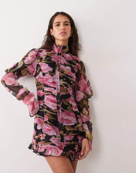 ASOS DESIGN robe courte corset en mousseline à manches bouffantes évasées, imprimé floral foncé - view 1
