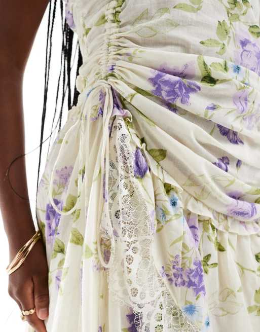 ASOS DESIGN - Robe courte corsetée et froncée à manches courtes avec dentelle - Imprimé roses bleues, 3 de 4
