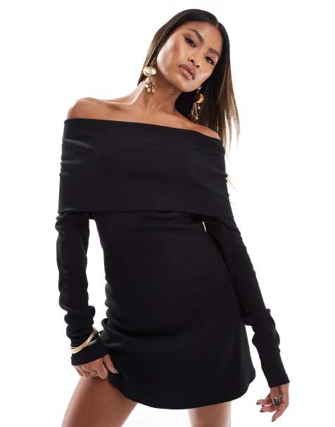 ASOS DESIGN - Robe courte côtelée à manches longues et encolure bardot - Noir - view 1