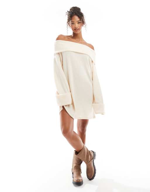 ASOS DESIGN - Robe courte côtelée à revers et encolure Bardot - Avoine, 2 de 4