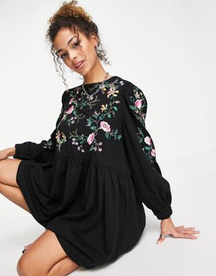 Robes casual Robe courte coupe babydoll à manches longues et broderies fleuries roses - Noir