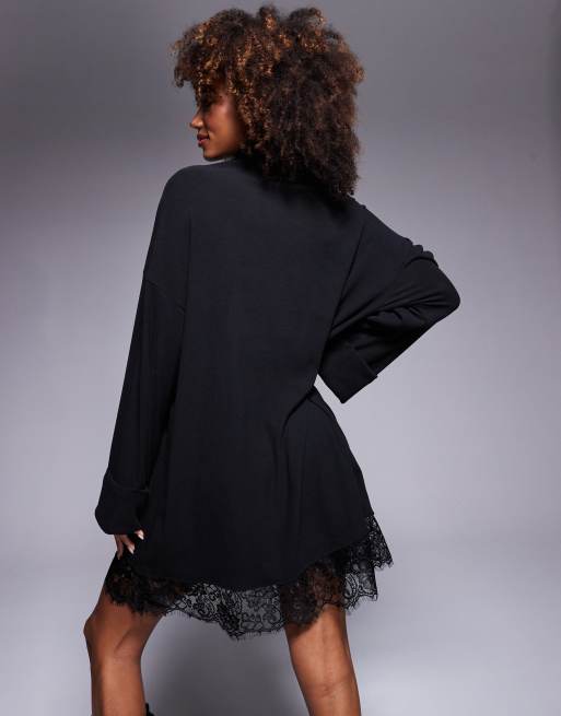 ASOS DESIGN Robe courte coupe carree a col roule et ourlet en dentelle Noir ASOS