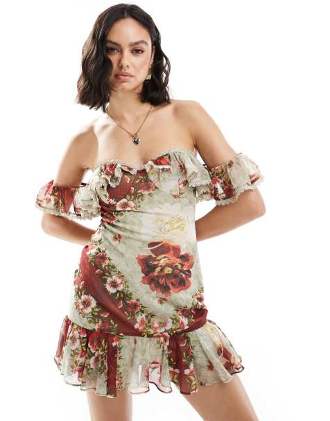 ASOS DESIGN - Robe courte coupée en biais à fleurs et volants avec encolure bardot et bords en dentelle - view 1