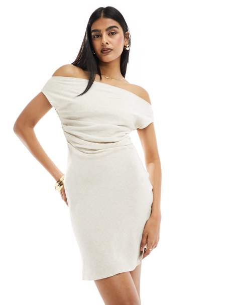 ASOS DESIGN - Robe courte coupée en biais en lin avec encolure bardot et taille froncée - Grège - view 1