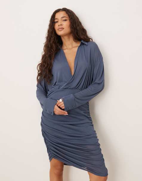 ASOS DESIGN - Robe courte croisée et froncée avec col - Bleu denim - view 1