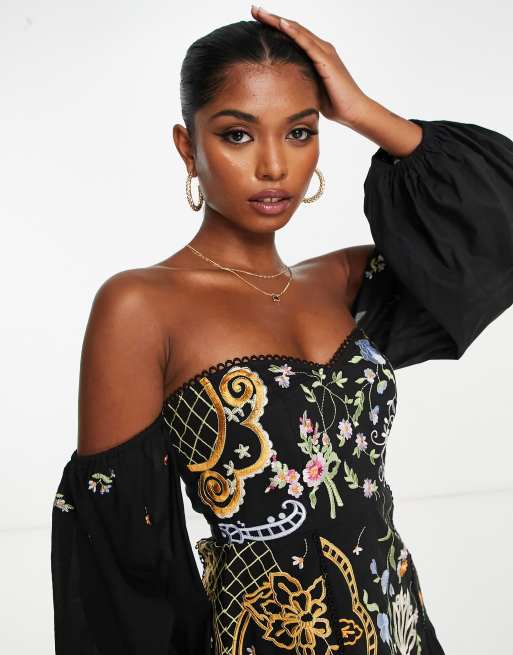 ASOS DESIGN Robe courte dos nu avec empi cements en dentelle brod e et manches bouffantes Noir