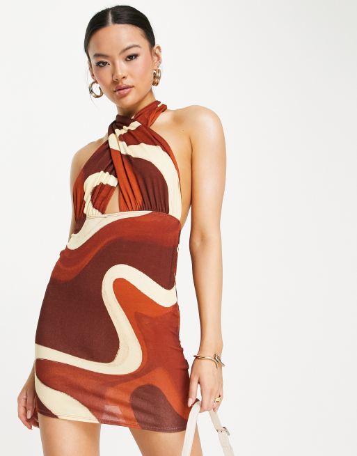 ASOS DESIGN - Robe courte dos nu avec encolure croisée devant et imprimé tourbillon style années 70