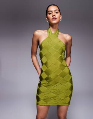 Robe courte dos nu effet bandage à motif damier - Olive-Vert 38