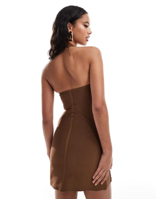 ASOS DESIGN - Robe courte dos nu style bandage à encolure carrée et empiècements drapés à franges - Chocolat, 4 de 4