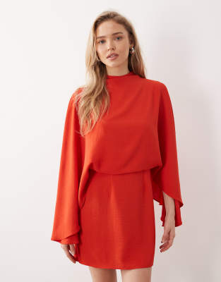 Robe courte drapée à détail cape - Orange brûlé 46