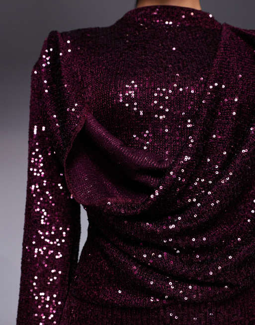 ASOS DESIGN - Robe courte drapée à manches longues et sequins avec encolure bénitier - Bordeaux, 3 de 4