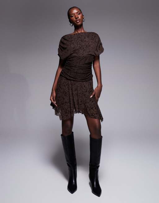 ASOS DESIGN - Robe courte drapée en dévoré à manches courtes - Chocolat, 3 de 4
