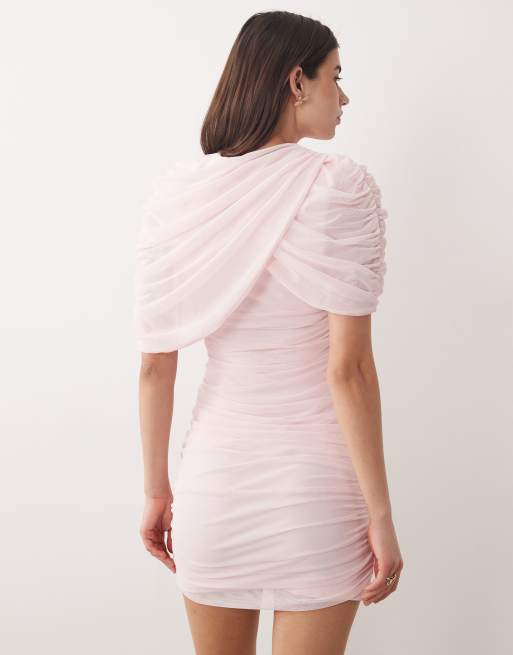 ASOS DESIGN - Robe courte drapée en tulle avec cape et épaulettes - Rose pastel, 2 de 4