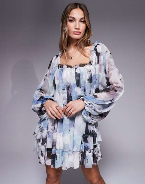 ASOS DESIGN - Robe courte effilochée à empiècements, manches bouffantes et imprimé abstrait - view 1