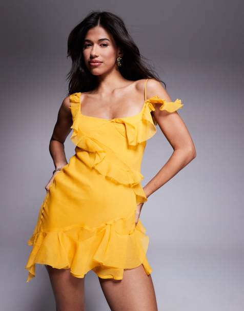 ASOS DESIGN - Robe courte effilochée nouée dans le dos à volants - Jaune - view 1