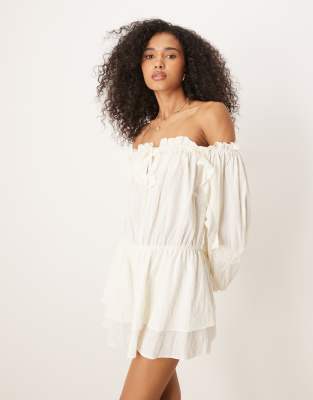 Robe courte en coton avec encolure bardot à volants - Crème-Multicolore 42