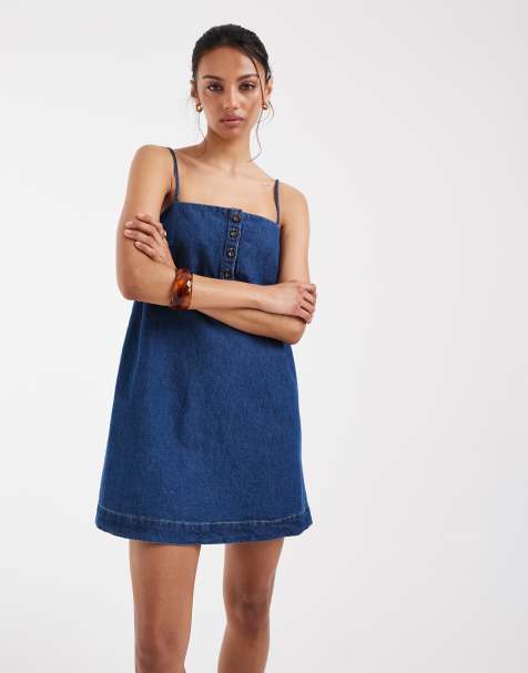 ASOS DESIGN - Robe courte en denim à bretelles fines et détail boutonné - Bleu moyen - view 1