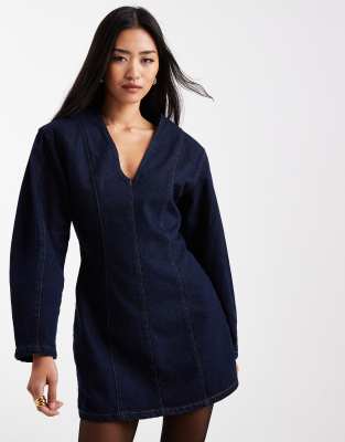 ASOS DESIGN - Robe courte en denim à manches cocon - Indigo-Bleu