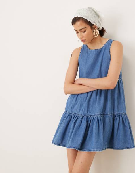ASOS DESIGN - Robe courte en denim à volants - Bleu moyen délavé - view 1
