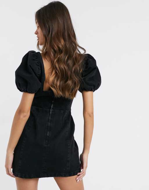 ASOS DESIGN - Robe courte en denim avec manches bouffantes et encolure carrée - Noir délavé, 2 de 4