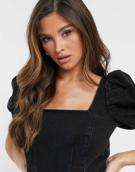 ASOS DESIGN - Robe courte en denim avec manches bouffantes et encolure carrée - Noir délavé, 3 de 4