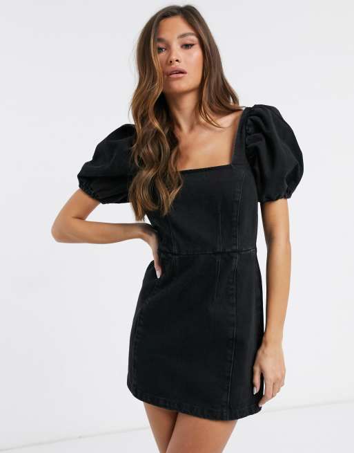 ASOS DESIGN - Robe courte en denim avec manches bouffantes et encolure carrée - Noir délavé, 4 de 4