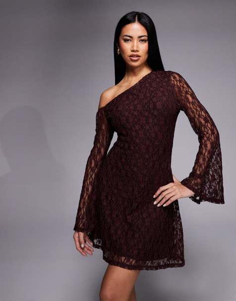 ASOS DESIGN - Robe courte en dentelle à épaules dénudées - Chocolat - view 1