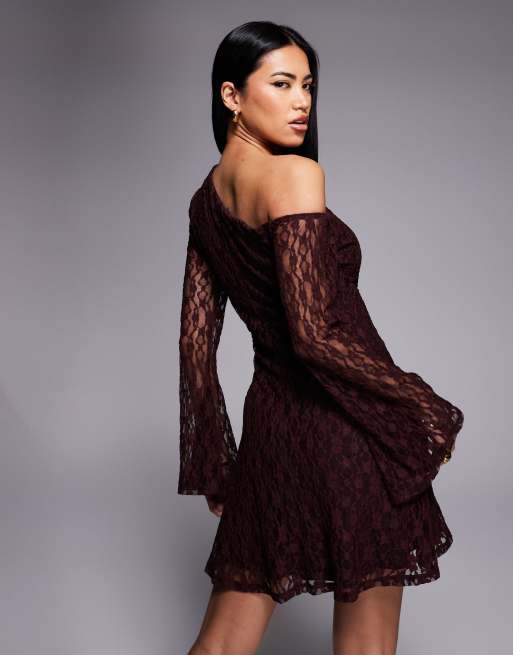 ASOS DESIGN - Robe courte en dentelle à épaules dénudées - Chocolat, 4 de 4