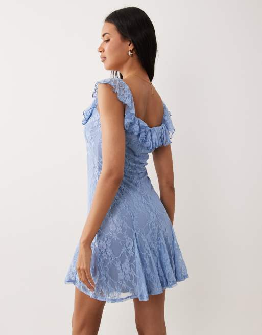 ASOS DESIGN - Robe courte en dentelle à épaules dénudées et godets - Bleu pastel, 2 de 4