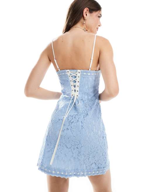 ASOS DESIGN - Robe courte en dentelle avec détail soutien-gorge apparent avec nœuds - Bleu, 3 de 4