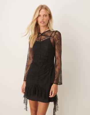 Robe courte en dentelle avec fronces à l'avant - Noir-Multicolore 34