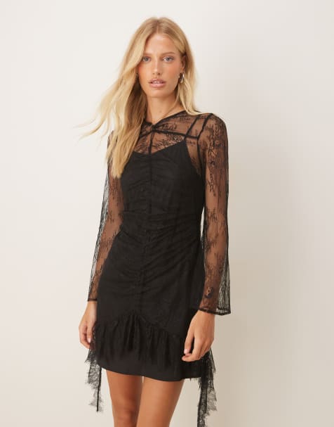 ASOS DESIGN - Robe courte en dentelle avec fronces à l'avant - Noir - view 1