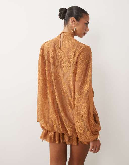ASOS DESIGN - Robe courte en dentelle avec manches blousantes et ourlet structuré - Fauve, 4 de 4